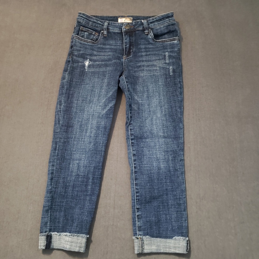 KUT from the Kloth Amy Crop Straight Leg Jeans Womens 4 Blue Distressed Cuffed